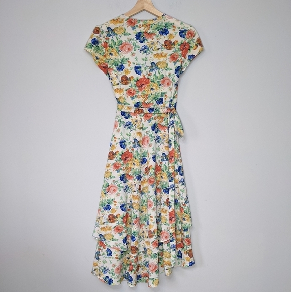 WAYF Olelander Floral High Low Wrap Midi Dress Surplice Cap Sleeve Flowy Size XS - Picture 10 of 15